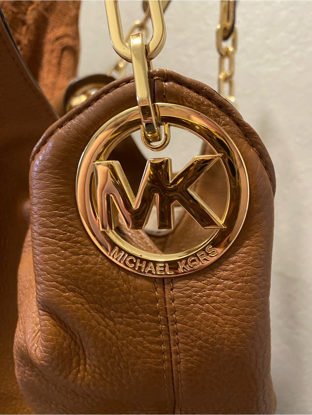 Michael Kors Brown Leather Shoulder Bag with Gold MK Charm